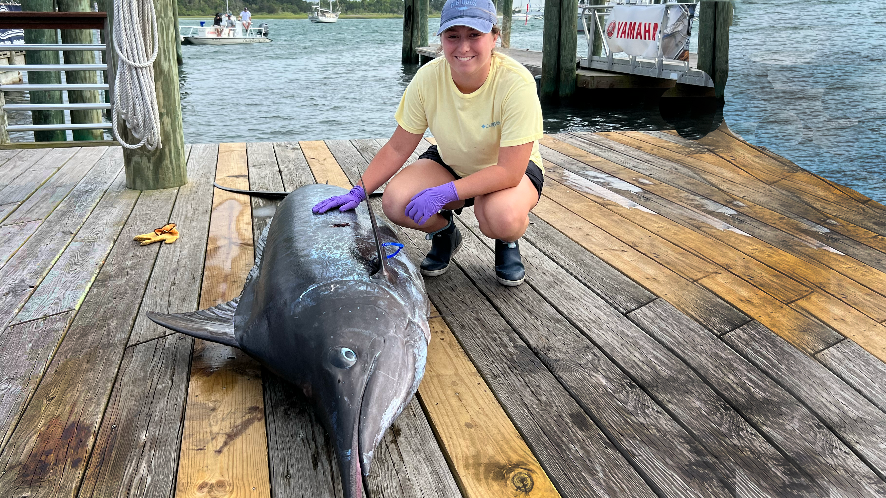Sarah Smith with a blue marlin on the Morehead City waterfront, before it leaves the dock for CMAST.